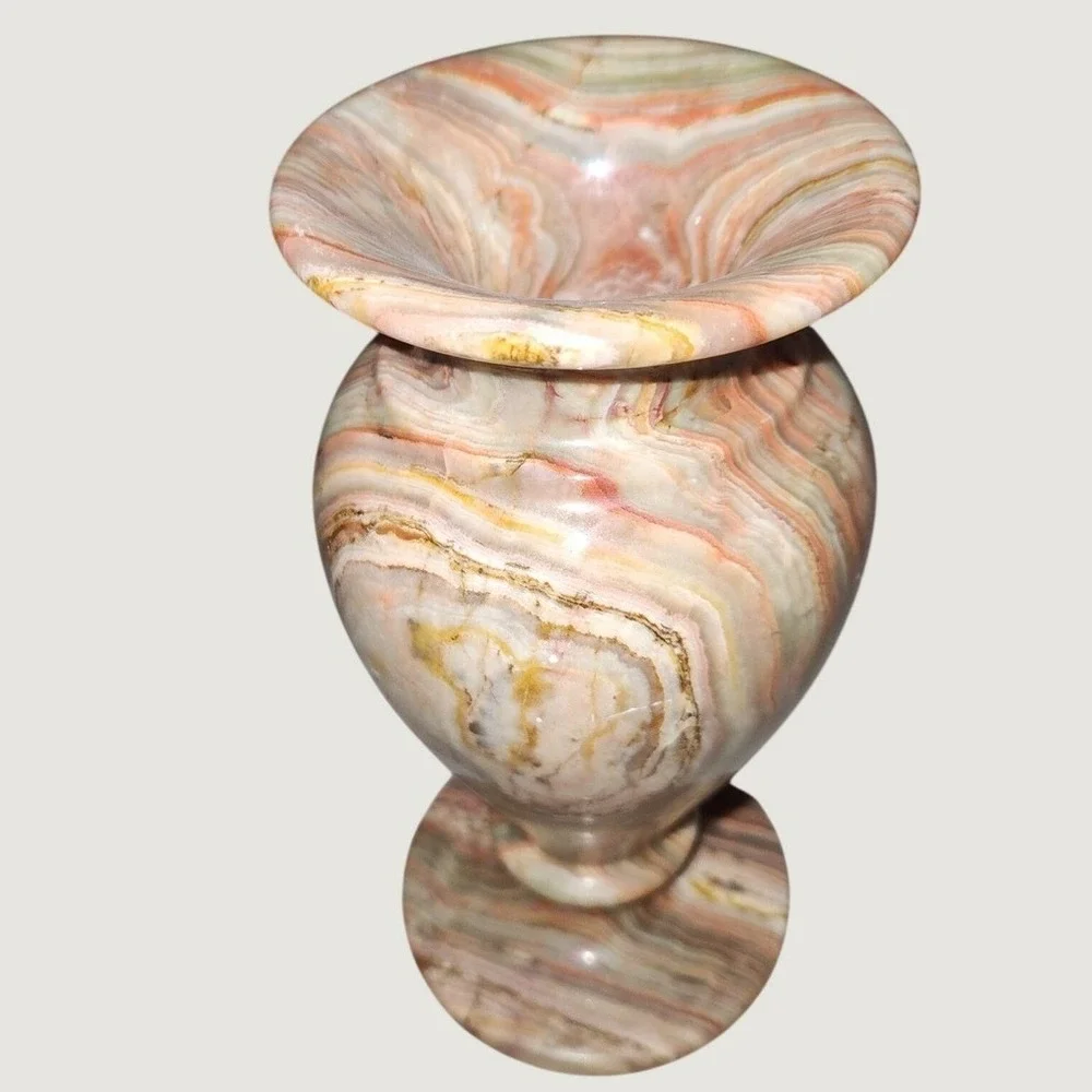 Vintage Hand Carved Polished Onyx Stone Vase Banded Pink Green Cream 5.25 Inch